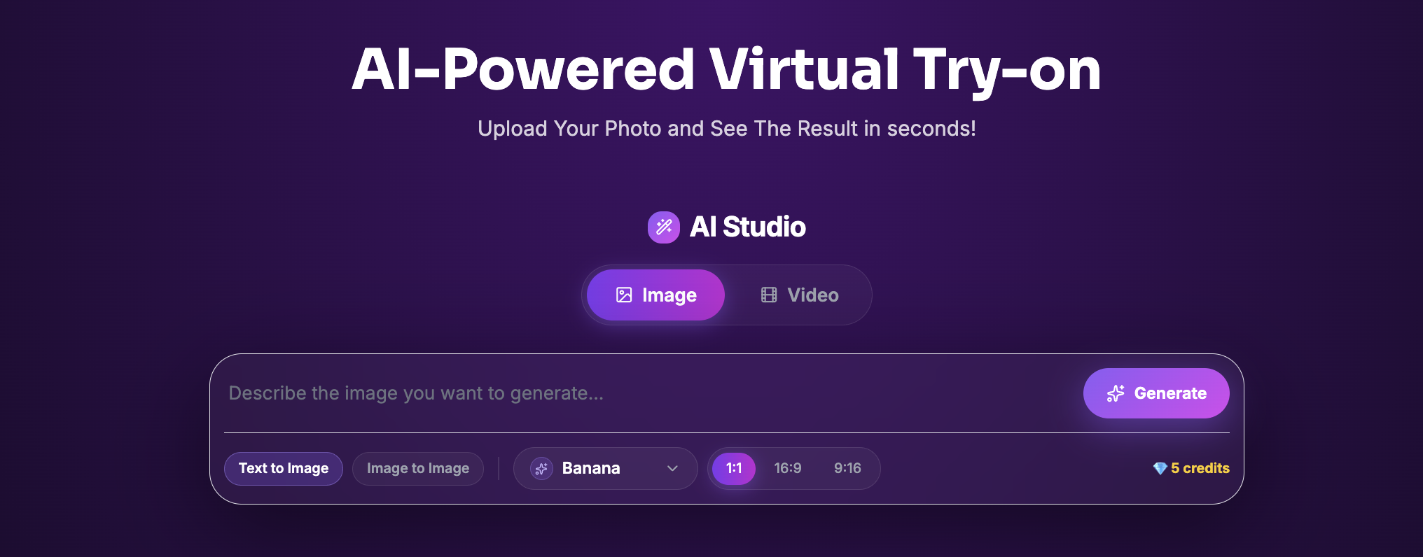 DressAI AI Studio create menu with Text to Image, Image to Image, and video generation options